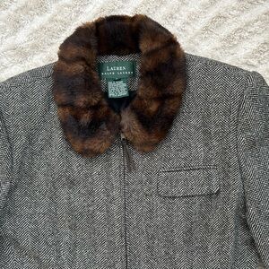Lauren Ralph Lauren Gray Herringbone Coat with Brown Faux Fur Collar